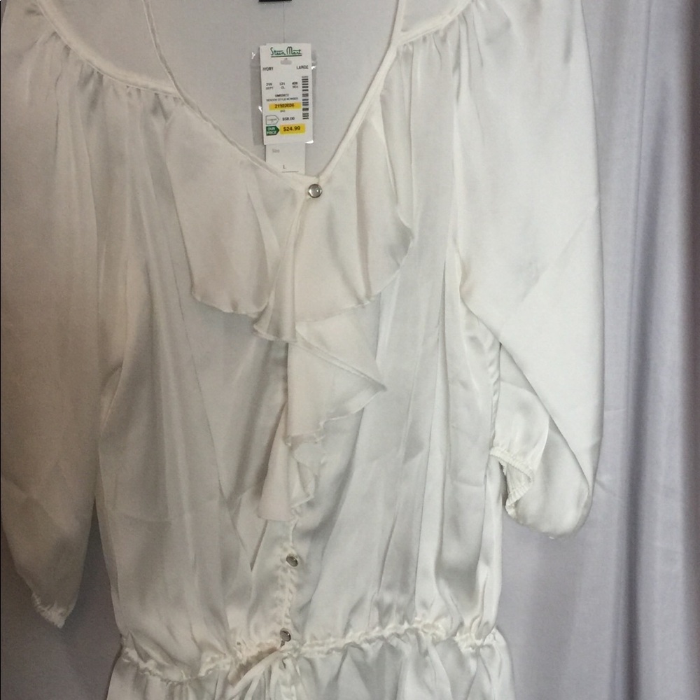 Spense Ruffled Blouse with Drawstring Peplum Size L, 3/4 sleeve, sheer, ivory